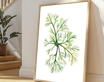 Green Seaweed Watercolor Painting Print: Coastal Home Decor