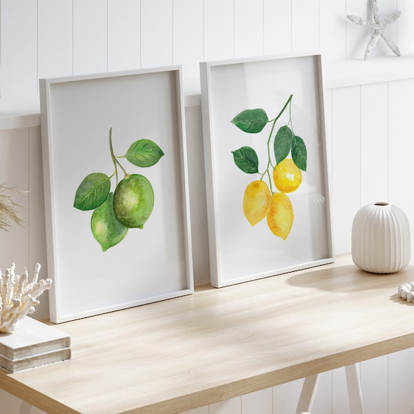 Ensemble de 2 estampes de peintures à l’aquarelle de fruits, estampes d’art de citron et de citron vert, illustration de fruits botaniques, art mural de cuisine, estampes d’art de fruits