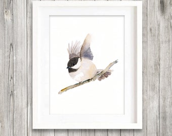 Impression d'art peinture aquarelle mésange, illustration d'oiseau mésange à tête noire, peinture d'oiseau, décoration de chambre de bébé