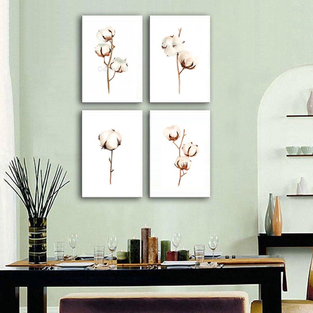 Cotton Bolls Watercolor Painting art print Beige Brown home decor