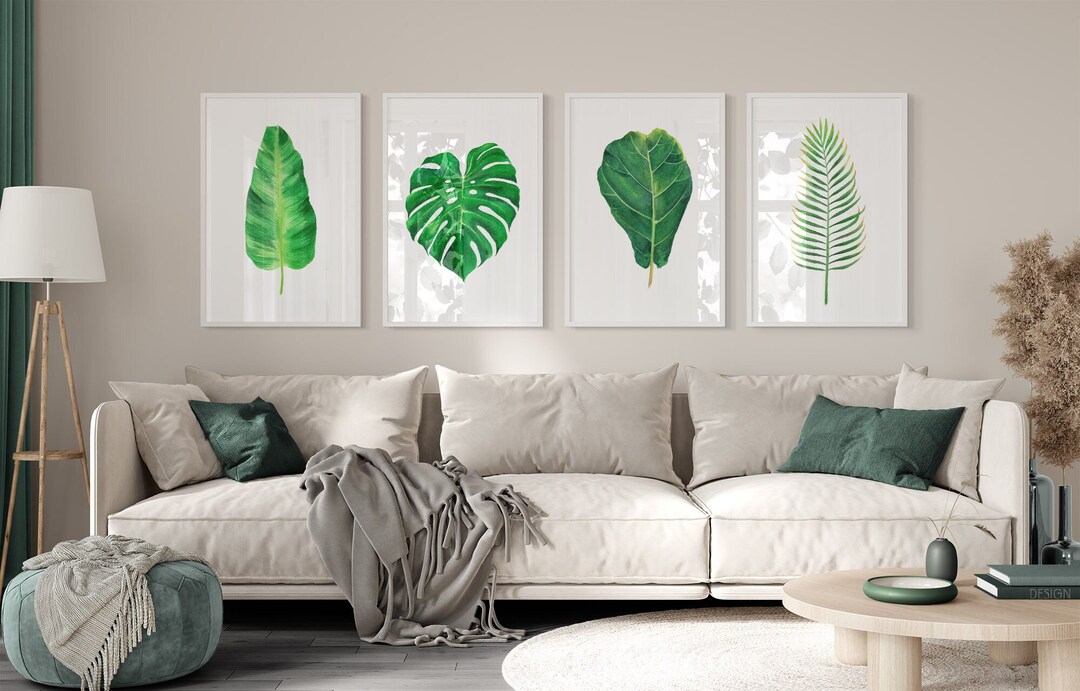 Set of 4 Tropical Green Leaf Watercolor Painting Art Prints, Green Leaf ...