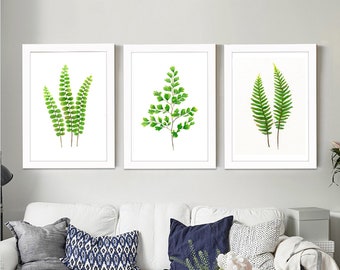 Set of 3 Fern print of watercolour paintings, Leaf paintings, botanical paintings, green home decor art prints, spring art