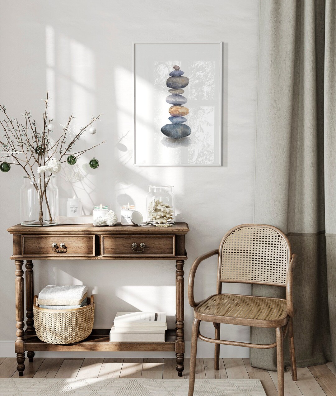 Stacked Rocks Watercolor Painting Print , Zen Pebbles Art Print, Yoga ...