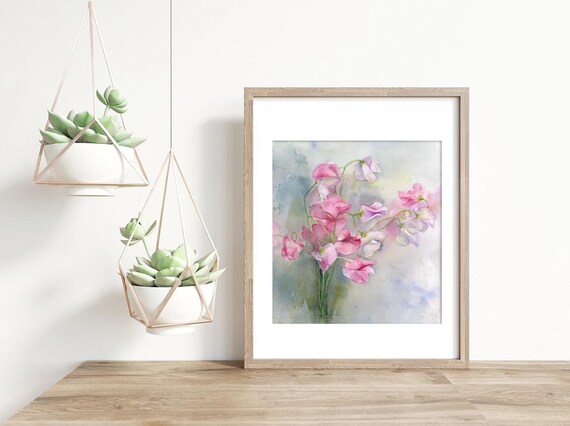 スイートピーの水彩画：植物の花の絵画 - Etsy 日本