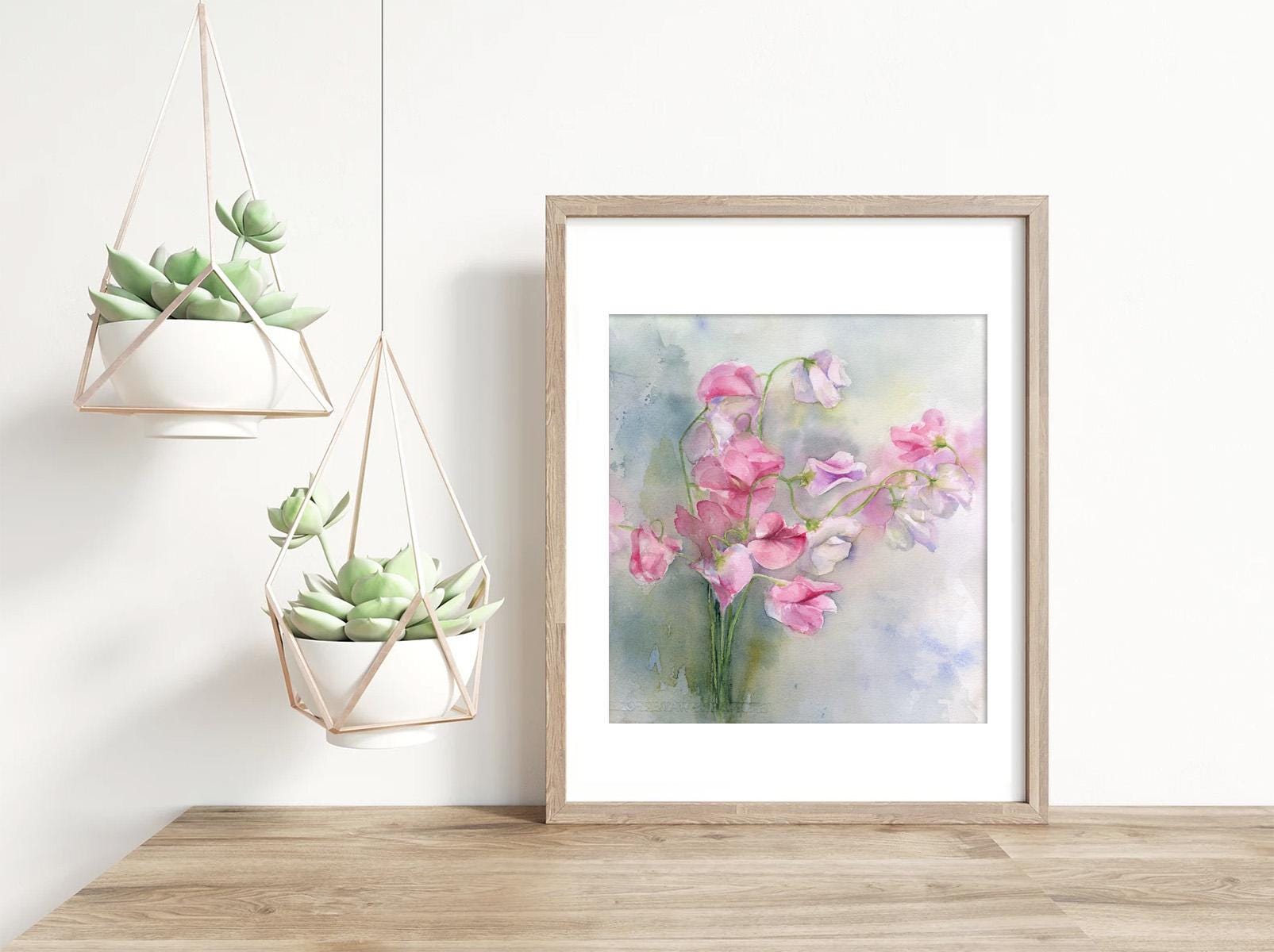 スイートピーの水彩画：植物の花の絵画 - Etsy 日本