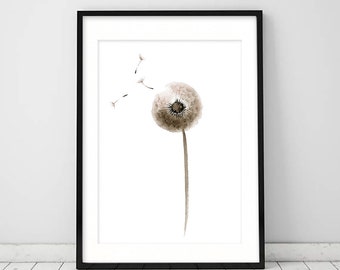 Print of dandelion watercolor painting, dandelion seed illustration art print , Wall Art,  botanical painting, living room decor