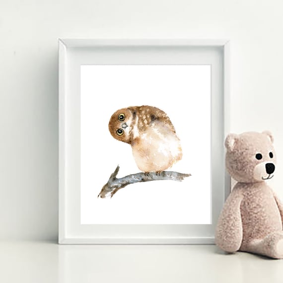 Baby Owl Watercolor Art Print, bird painting， Nursery Decor