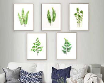 Set of 5 FERN watercolor painting prints.  fern giclee prints, botanical painting prints set, green home decor, kitchen decor