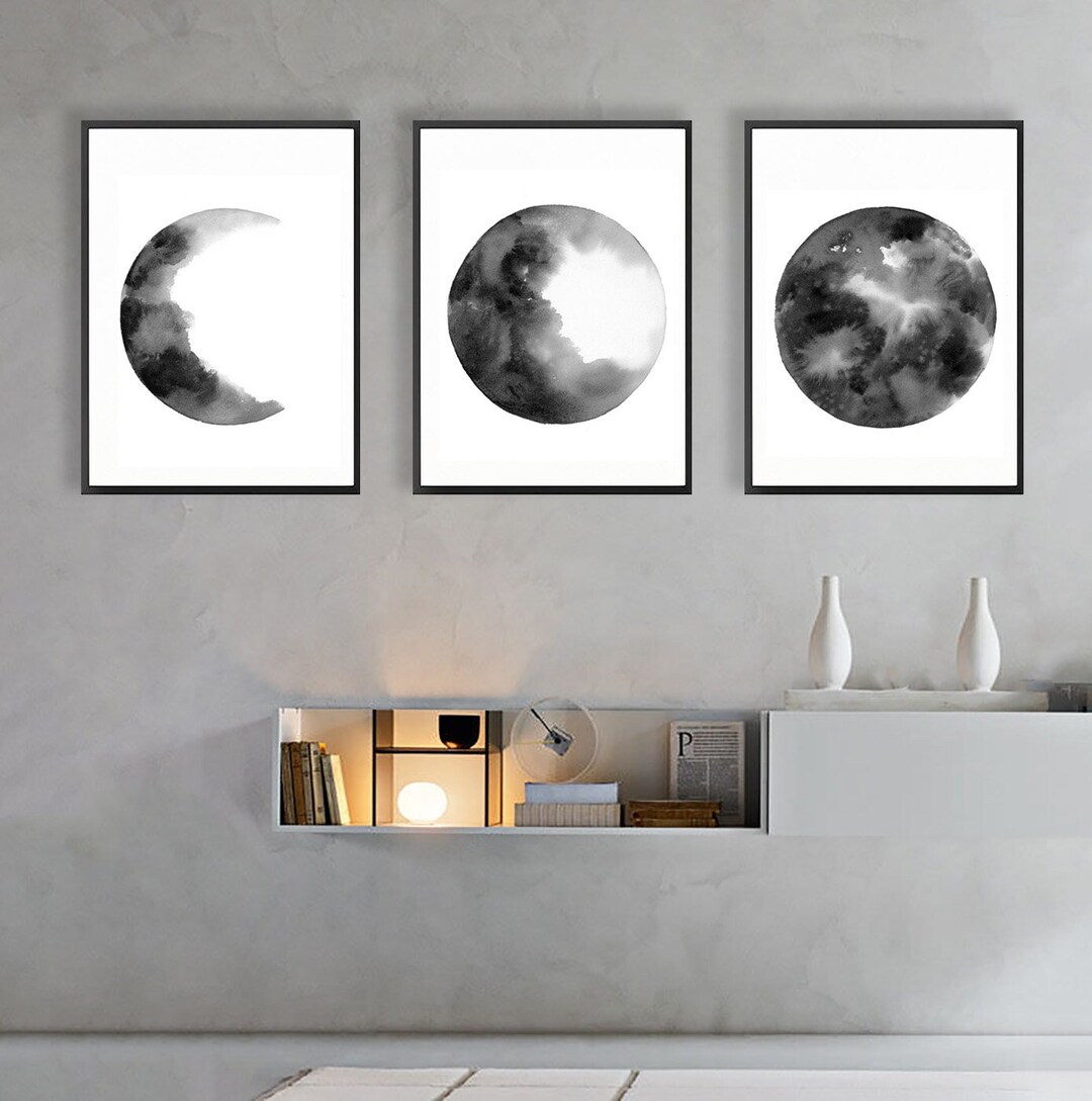Set 3 Moon Phase Watercolor Art Prints, Black and White Lunar Phases ...