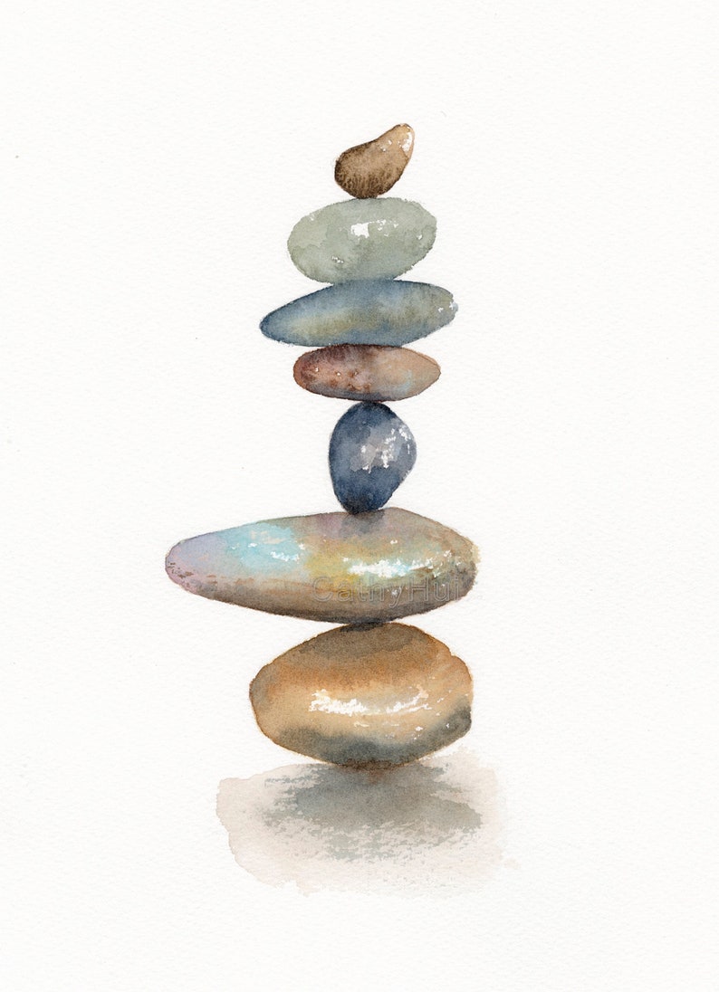 Stacked Rocks watercolor painting print zen pebbles art Etsy