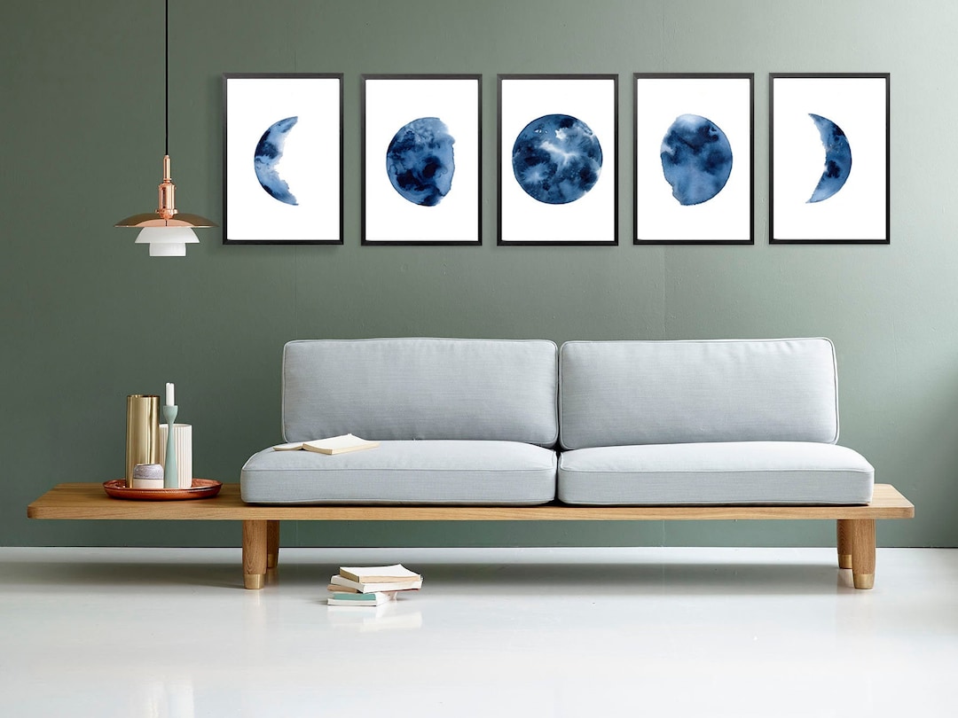 Set of 5 Moon Phases Watercolor Painting Prints, Set 5 Lunar Phases Art ...