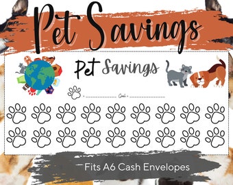 Puede incluir: Un rastreador de ahorro blanco con el texto "Pet Savings" en una fuente decorativa. El rastreador presenta huellas de patas, ilustraciones de un gato y un perro, y un globo terráqueo con iconos relacionados con mascotas. También se incluye el texto "Fits A6 Cash Envelopes".