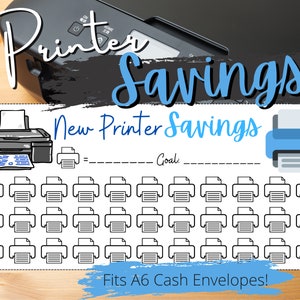 May include: A white and blue printer savings tracker with the words "Printer Savings" and "New Printer Savings". The tracker has printer icons and space to write a goal. The text "Fits A6 Cash Envelopes!" is also included.