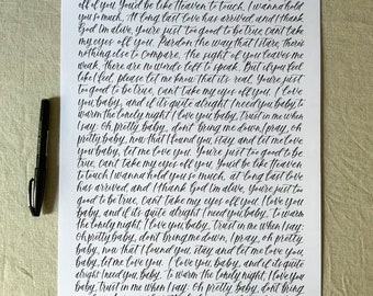 Custom Calligraphy / Handwritten Song Lyrics / Poem / Wedding Vows / Book Quote / Gift / Birthday / please read item details for word count