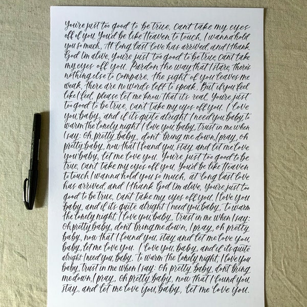 Custom Calligraphy / Handwritten Song Lyrics / Poem / Wedding Vows / Book Quote / Gift / Birthday / please read item details for word count