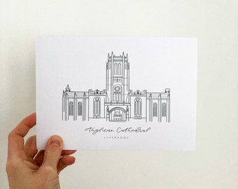 Anglican Cathedral Liverpool Print - Line Drawing with Calligraphy