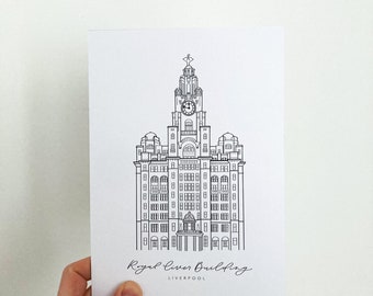 Royal Liver Building Liverpool Print - Line Drawing with Calligraphy