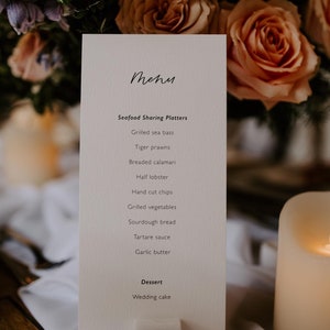 Tarjetas de menú altas de diseño minimalista para bodas y eventos / Diseño escrito a mano / Impreso en tarjeta de seda texturizada / MUESTRA Lea la descripción