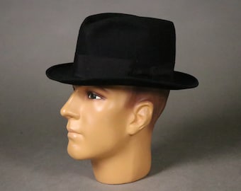 1940's  Black Felt Fedora Hat Th. Baumann Hutmacher Black Felt Fedora Hat