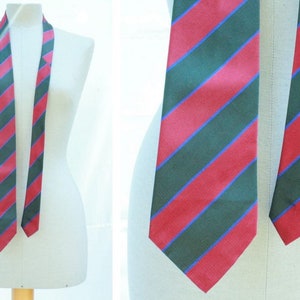 1980's Classic Green and red Striped Silk Tie 80's Diagonal Silk Tie image 1