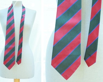 1980's Classic Green and red Striped Silk Tie - 80's Diagonal Silk Tie