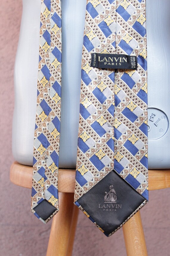 Vintage LANVIN Silk Tie - Blue and gold silk Neck… - image 4