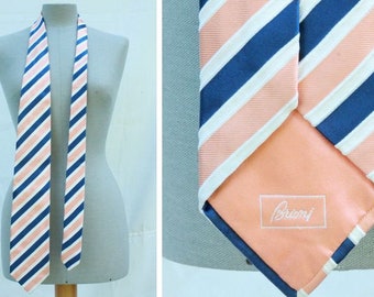 Luxury BRIONI Salmon and Blue Silk Tie - Brioni Striped Silk Tie