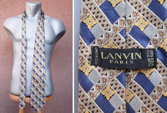 Vintage LANVIN Silk Tie - Blue and gold silk Neck… - image 1