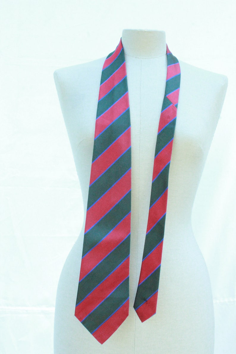 1980's Classic Green and red Striped Silk Tie 80's Diagonal Silk Tie image 3
