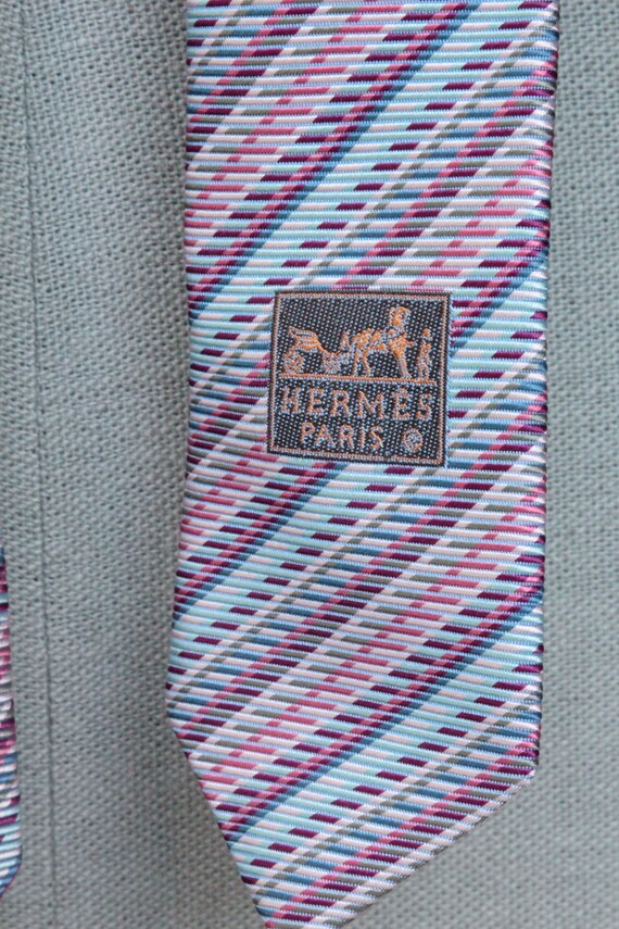 Vintage HERMES Blue and Purple Striped Silk Tie -… - image 3