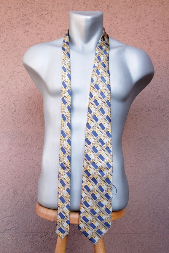 Vintage LANVIN Silk Tie - Blue and gold silk Neck… - image 2