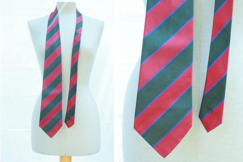 1980's Classic Green and red Striped Silk Tie 80's Diagonal Silk Tie image 1