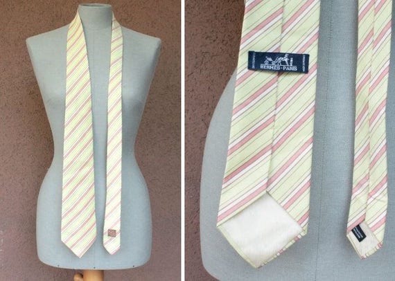 Vintage HERMES Light Yellow Silk Tie - Hermes Stri