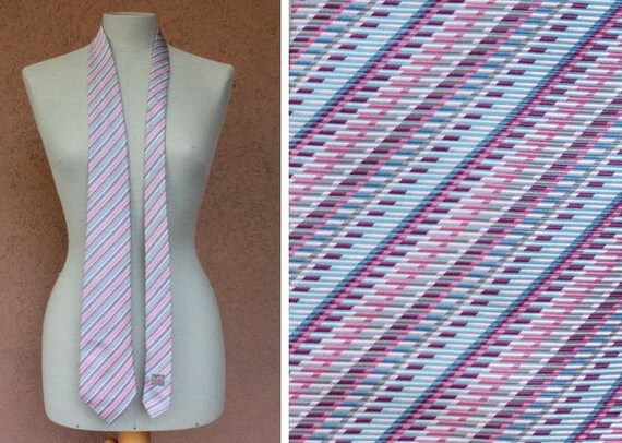Vintage HERMES Blue and Purple Striped Silk Tie -… - image 1