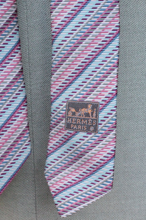 Vintage HERMES Blue and Purple Striped Silk Tie -… - image 5