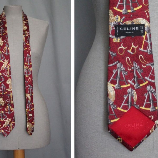 Vintage CELINE Zodiac Red Silk Tie - 90's Celine Paris Silk Tie