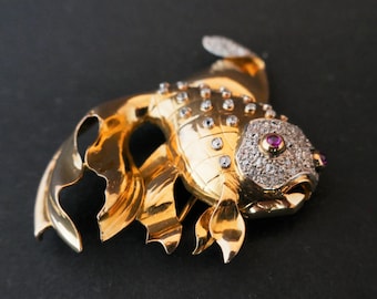 Ruby And Diamond Fish Brooch, Platinum And 18 Carat Yellow Gold.