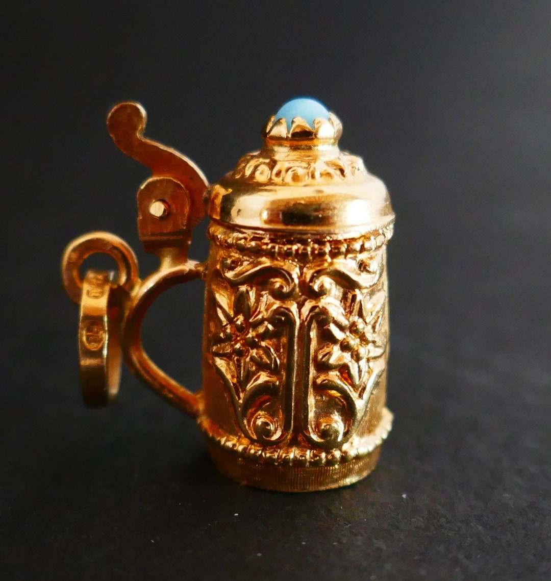 Articulated Beer Mug Charm Set With A Turquoise 18k Gold. Etsy