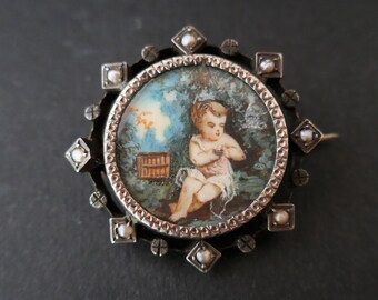 Hand-painted miniature brooch, fine beads and silver