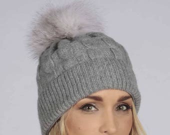 Light Grey cashmere fur pom pom cable knit beanie hat