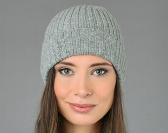 Beanie Hat Fisherman 100/% Pure Cashmere Watchcap Ribbed Light gray MADE IN ITAL