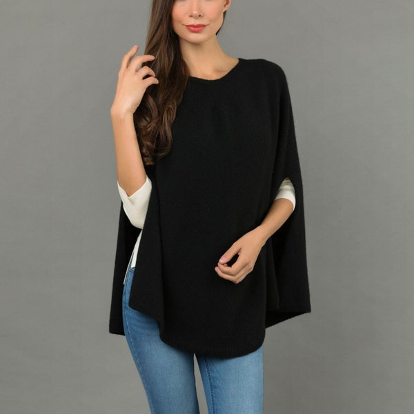 Poncho Cape Pure Cashmere Dress Plain Knitted 2ply Super Soft Luxury BLACK - Made in Italy