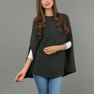 Poncho Cape Pure Cashmere Dress Plain Knitted 2ply Super Soft Luxury CHARCOAL GREY - Made in Italy