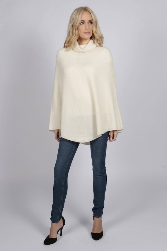 Cream White Pure Cashmere Roll Neck Poncho Cape Etsy Canada