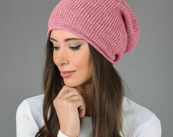 100% Pure Cashmere Slouchy Beanie Hat Ribbed Knitted Luxury Super Soft 8 colours - Made in Italy