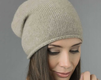 Pure Cashmere Plain Knitted Slouchy Beanie Hat in Camel Brown