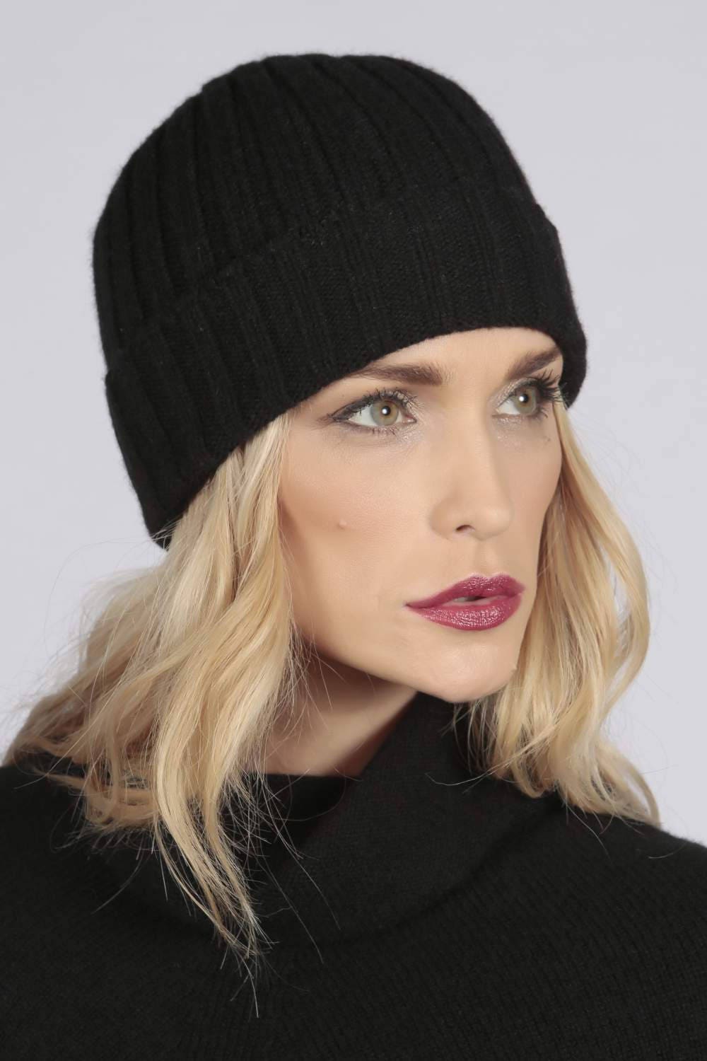 Black Pure Cashmere Wide Ribbed Fisherman Beanie Hat - Etsy