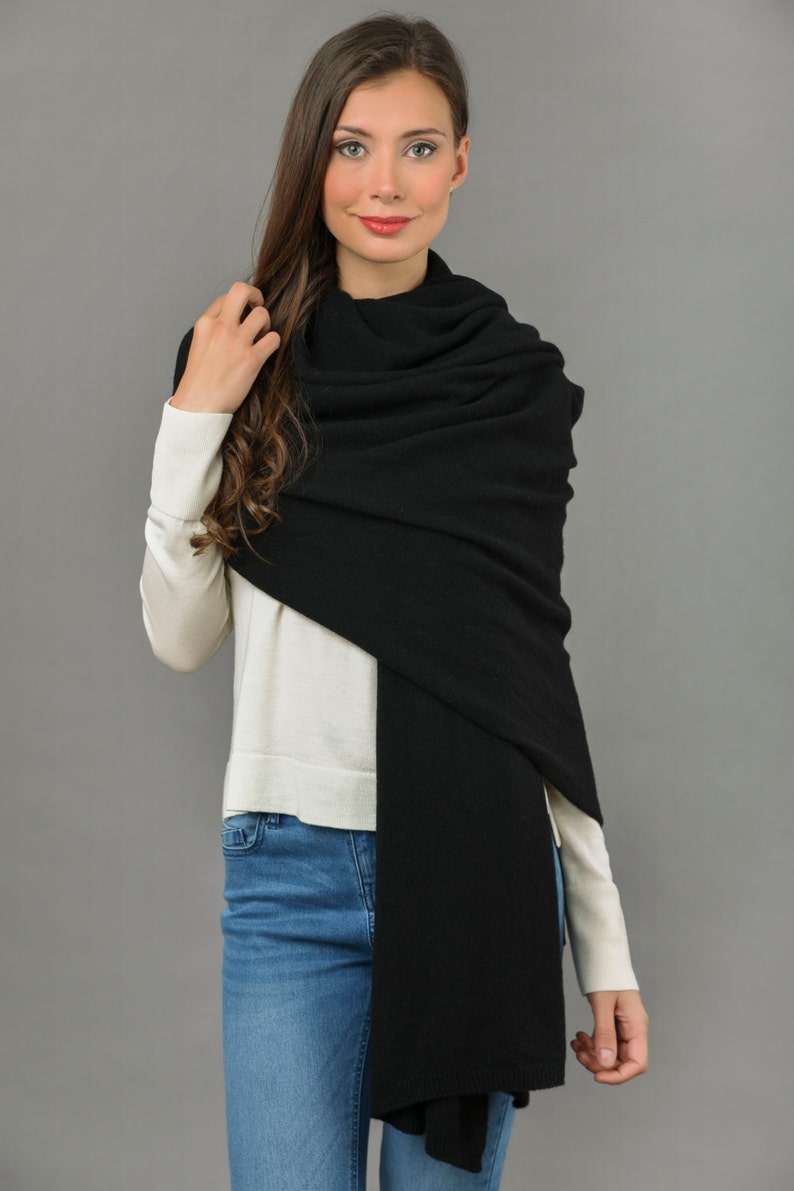 Cashmere Wrap Scarf Shawl Super Soft 2ply Knitted Oversize Luxury BLACK Made in Italy image 1