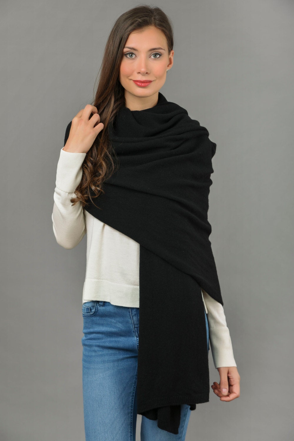 Cashmere Wrap Scarf Shawl Super Soft 2ply Knitted Oversize Luxury BLACK ...