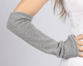 Light Grey pure cashmere fingerless long wrist warmer gloves